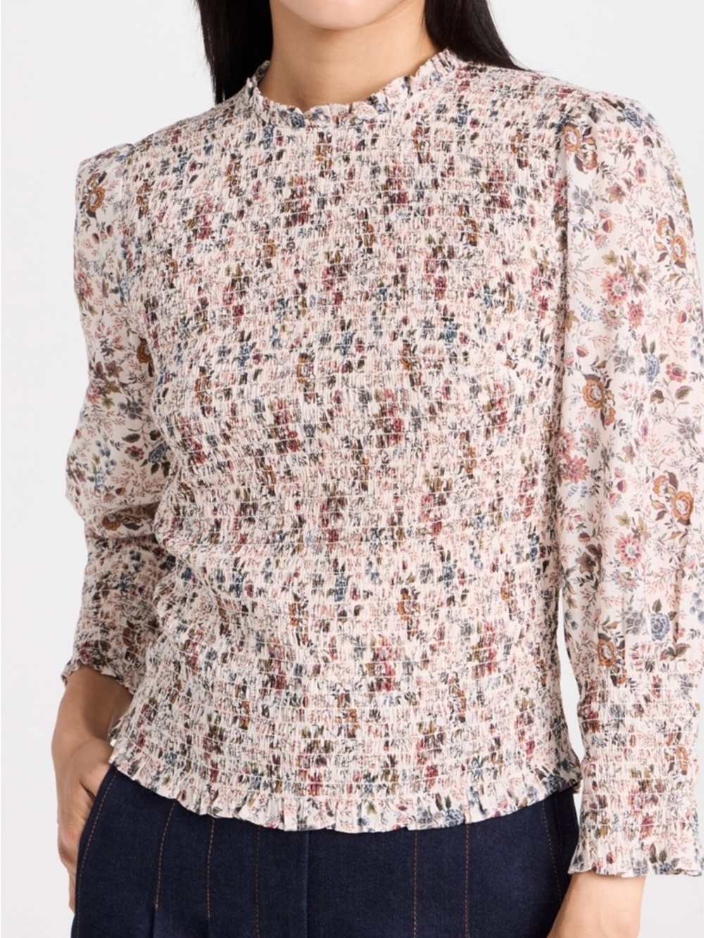 NWT Smocked Floral Long-Sleeve Top - Cream Floral